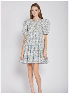En Saison Blue and Cream Floral Puff-Sleeve Mini Dress